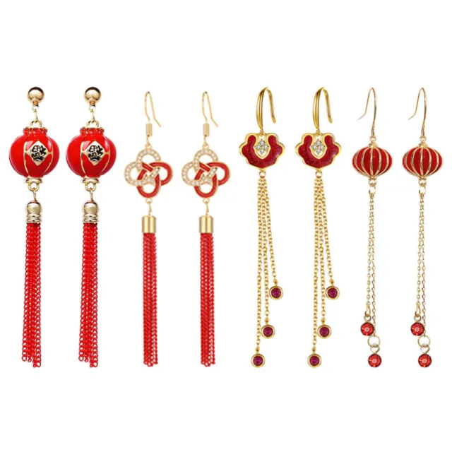 4 Pairs National Fashion Earrings Gongxi Earrings Hang Miss