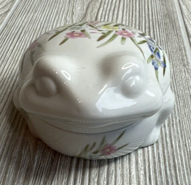 Frog Shaped Trinket Box Ceramic Blue & Pink Crocus Flowers Fat White Bullfrog