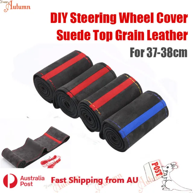 Top Grain Suede Leather DIY Car Steering Wheel Cover 37cm 38cm 15" Dark Grey