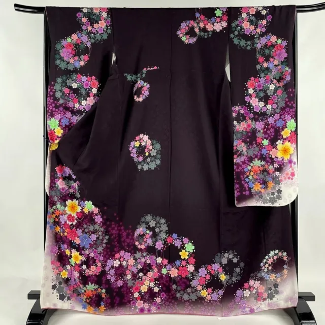 Japanese kimono SILK"FURISODE" long sleeves,SIL leaf,SAKURA,Plum,L5'6".3611 .F/S