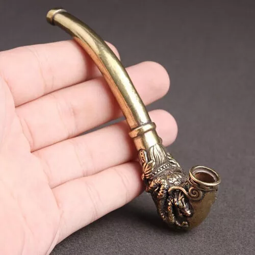 Handmade Carving Dragon Phoenix Brass Metal Smoking Pipe Chamber Tobacco Herb