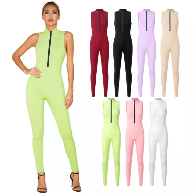 Womens Sleeveless Mock Neck Jumpsuit Zipper Sport Yoga Biketard Bodysuit Leotard