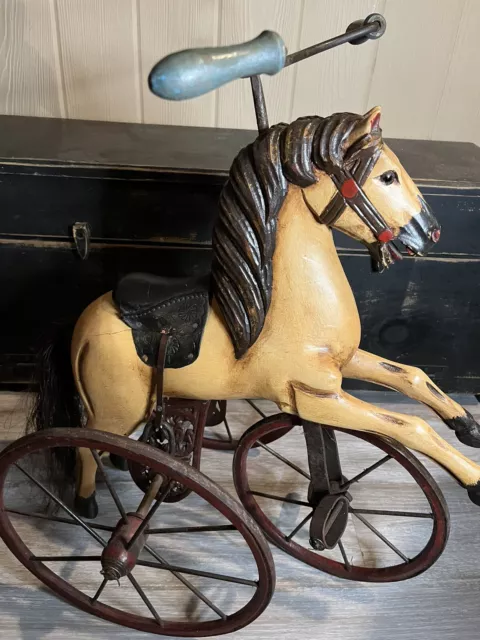 Vintage Wooden & Metal Tricycle Horse Doll Toy Carousel Folk Art Pony Decor
