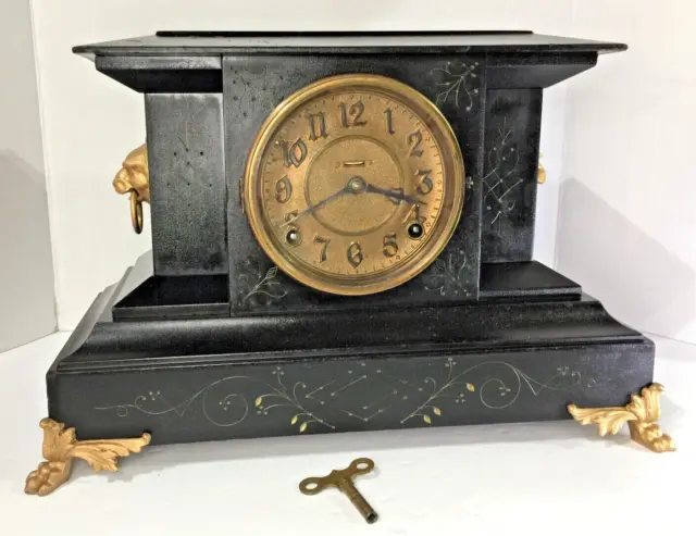 Antique E. Ingraham 8 Day Spring Wound Restored (Case)Black Mantle Clock-Working