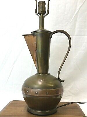 Vtg Rustic Medieval Table Lamp Aged Brass Copper Pitcher Bar Lodge Farmhouse Old