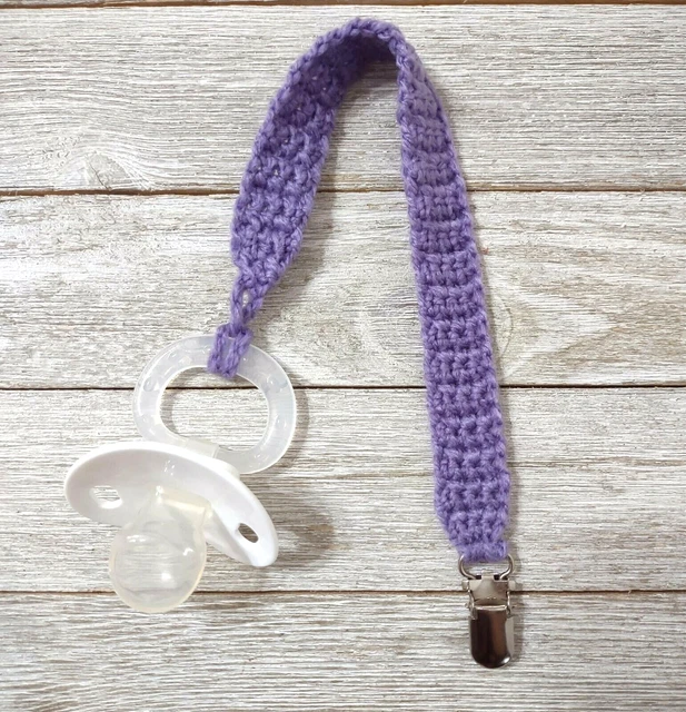 Baby crochet pacifier clip dummy holder strap purple handmade