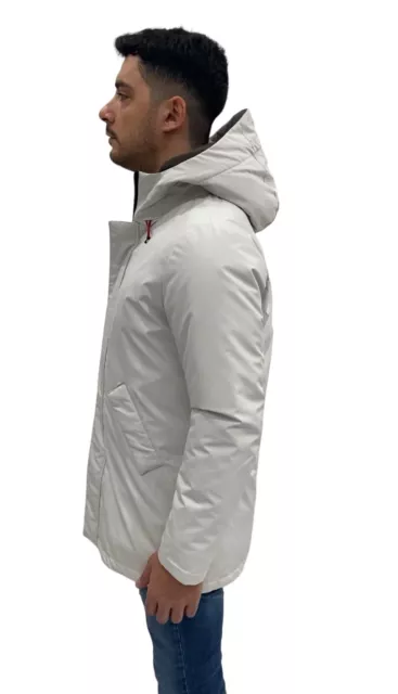 Parka Giubbino piumino uomo REBUS, bianco in ecopiuma con cappuccio, sconto 60%. 2