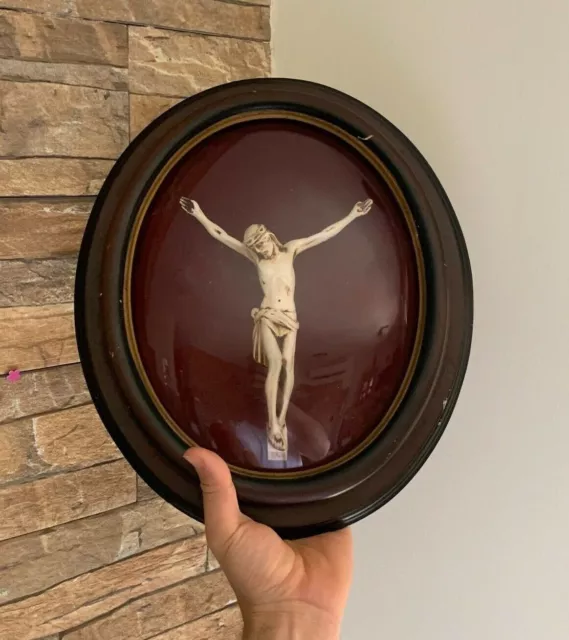 Convex Glass Dome Crucifix French Antique Cross Oval Wooden Frame red Velvet ⭐