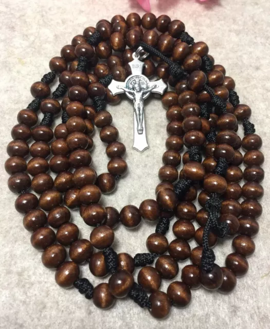 15 Decade Catholic Rosary, Wood Beads Rosary, St Benedict Crucifix, Handmade