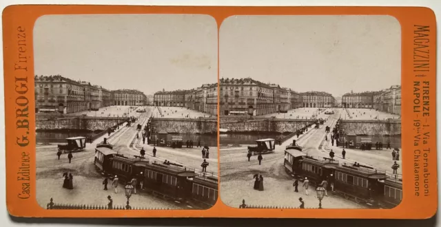 ITALIE Turin Place Train c1870 Photo Stereo Brogi Vintage Albumine 