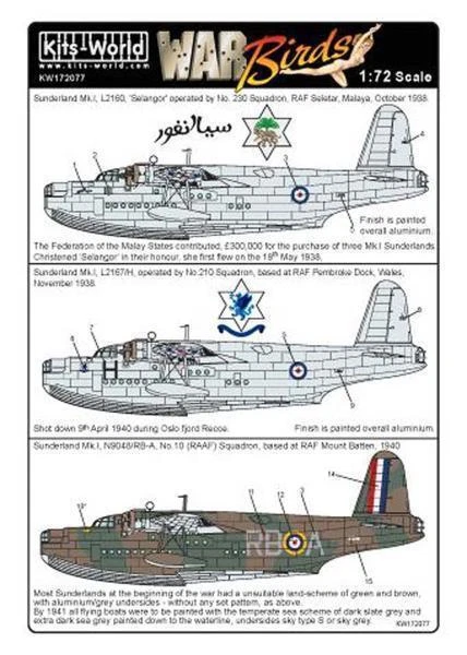 Kits-World 172077 1/72 Short Sunderland Mk.I 'Selangor' And Other Decals