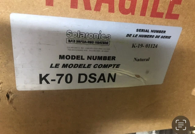 SOLARONICS K-70-DSAN Infrared Heater, Nat. Gas, 70,000 btuh, 120V