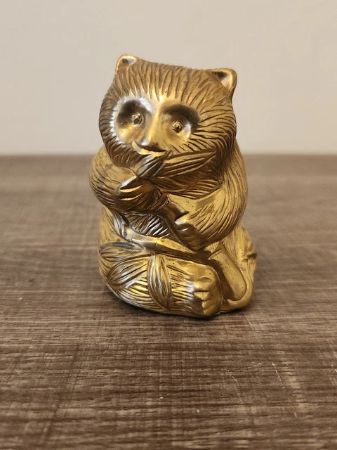 3" Vintage Brass Panda Bear Figurine Eating Bamboo