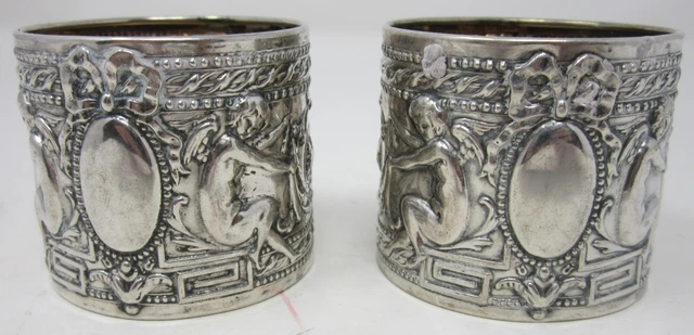 Pair Big Continental 800 Silver Napkin Rings No Mono Cupids 1.75" Tall x 2 Diam