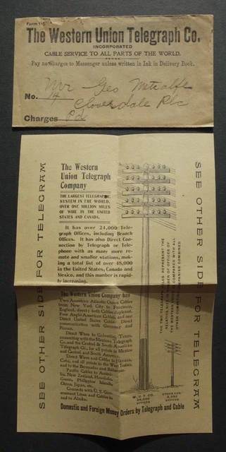 Western Union Telegraph Co., 1906 illustrated telegram "...Father died..."