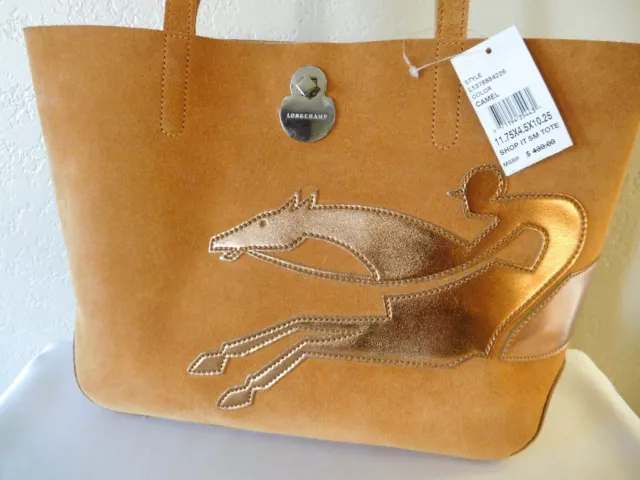 New Longchamp SHOP IT Medium Camel Suede Leather Tote Shoulder Bag, Handbag 2