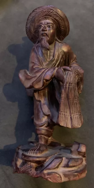 Unique Antique Chinese Boxwood Hand Carved Figure of a Fisherman 6in Tall