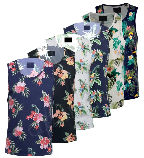 Mens Hawaiian Fashion Floral Vest Casual Cotton Summer Top S-XXL