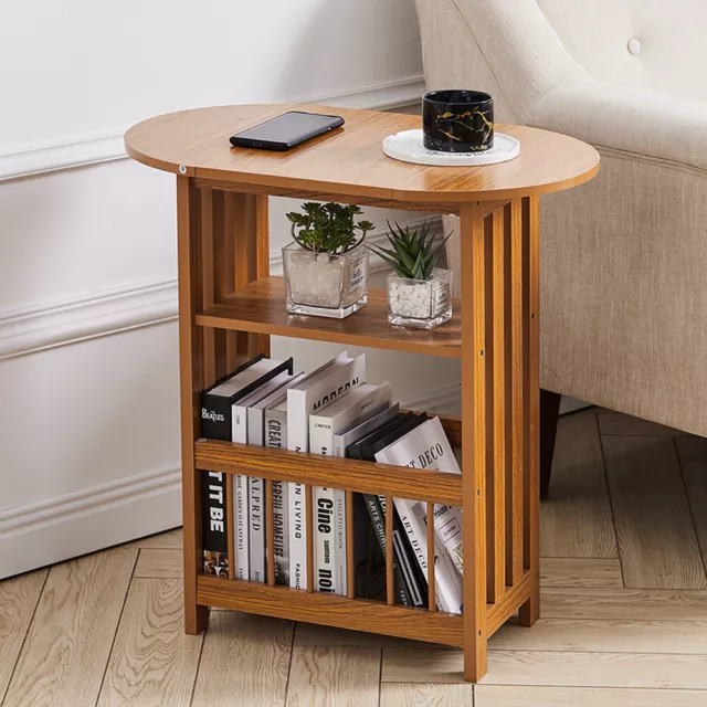 Drop Leaf Wooden Side Coffee Table with Magazines Holder Shelf Swivel Organizer