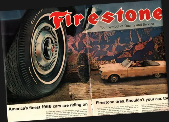 Vintage 1966 Firestone Tires America's Cars Print 2 page Ad Advertisement b1