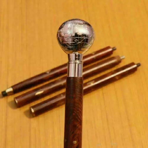 Walking Stick Brass Cane Handle Wooden Vintage Globe Ball Antique Head Style