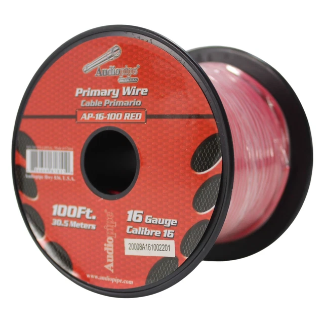 Audiopipe One calibre 16 100 pies carrete de altavoz primario CCA rojo 16-100-ROJO