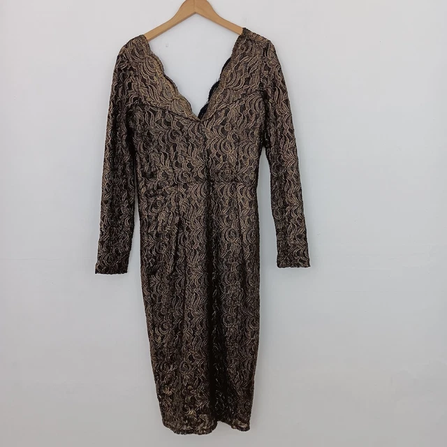 Next Women's Bodycon Dress Gold and Black Lace Size 14 Tall Strech Long Sleeve