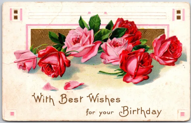 Pink & Red Rose Large Print Flower Birthday Best Wishes Greetings  Card Postcard