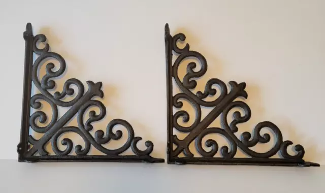Cast Iron Antique Style Ornate Scroll Shelf Brackets Dark Brown 10" Set Of 2