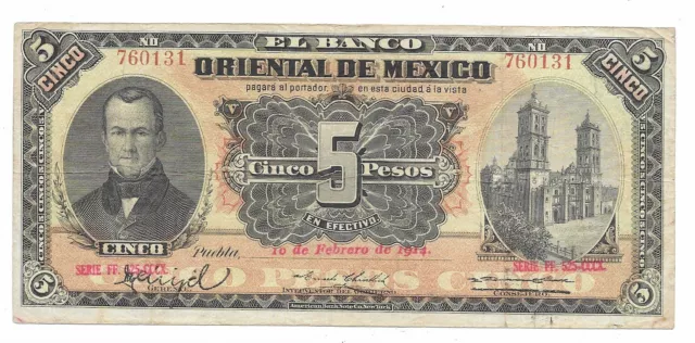 Mexico 5 Pesos Feb 10 1914 Fine P-S381c El Banco Oriental de Mexico