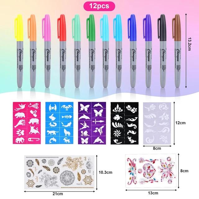 Kit Tatouage Paillettes Pour Enfants - 6 Stylos, 16 Pochoirs, 2 Strass Visage - Cadeau Fille 3 à 10 Ans