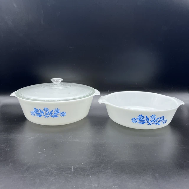 Anchor Hocking FIRE KING 3 Qt W/lid + 2Qt 439 Blue Daisy Cornflower Casserole