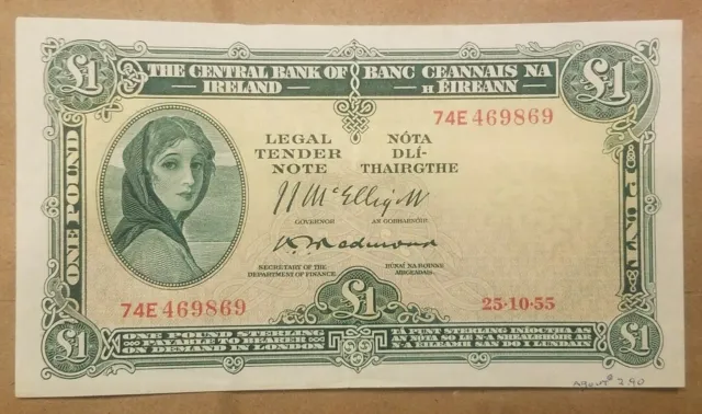 1955 Ireland 1 Pound Irish punt note bill Lady Lavery 10.25.55 Extra Fine EF App