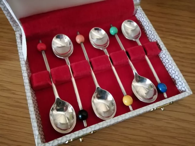 Six coffee bean spoons EPNS A1 Silver Plated with Coloured Beans in Case