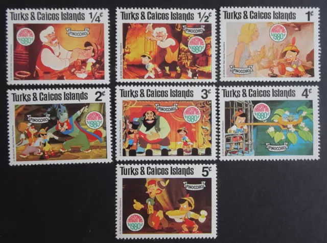 Walt Disney Set of 7 Stamps, Pinocchio from  Turks & Caicos UMM