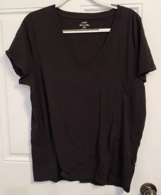XL - J Crew Women's - Slub Cotton V-Neck Tee Short Sleeve T-Shirt Black