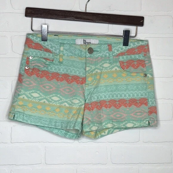 CP Jeans Womens Shorts Sz 5 Cotton Stretch Aztec Flat Front Green Orange