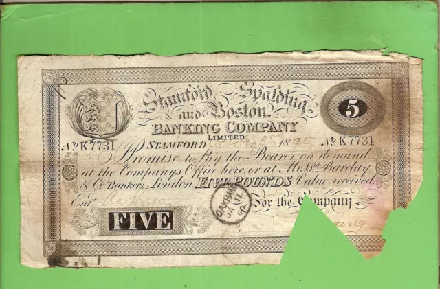 #D259. 1895  Stanford Spalding & Boston Bank 5 Pound Banknote #K7731