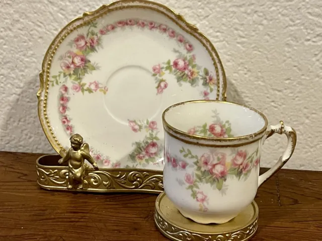 Demitasse Cup & Saucer Old Abbey Limoges France Teacup Pink Roses & Raised Gold