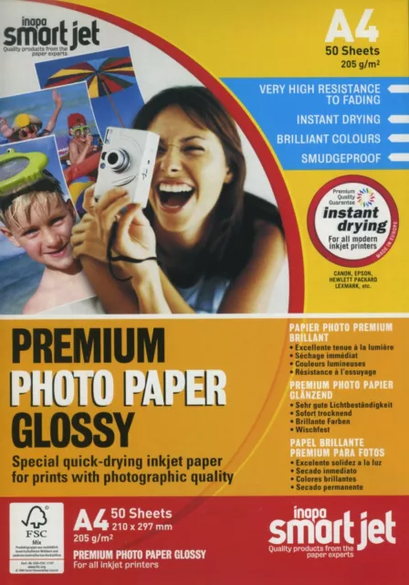 50 Sheets PREMIUM PHOTO PAPER GLOSSY inapa smart jet DIN A4 205 gr.