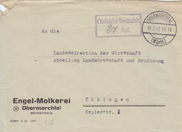 F.Zone - OBERMARCHTAL  (Württ.)  - Gebühr bezahlt - Brief - 1947