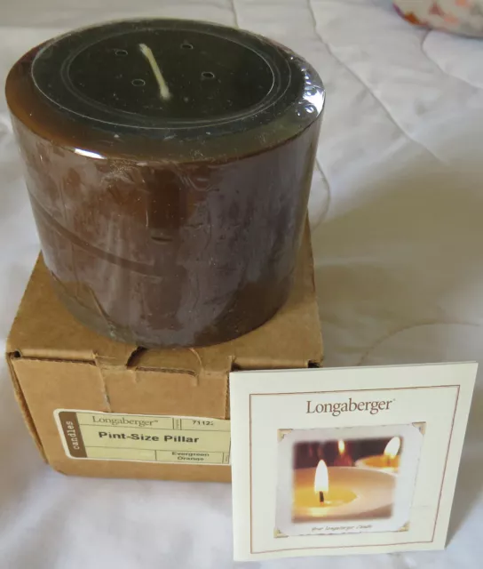 New in Box Longaberger Pint Size Pillar Candle Evergreen Orange 71122