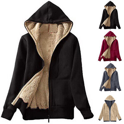 Women Fur Lined Fluffy Hooded Jacket Coat Zip Up Warm Winter Fleece Sweatshirt☆