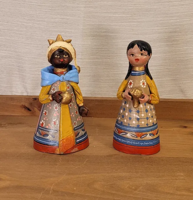 Pair of (2) 7" Clay Figurines Handmade & Handpainted In Mexico Folk Art Figurine