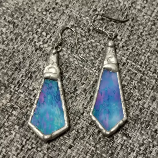 BN Handmade Art Nouveau Arts Crafts Silver Metal Iridescent Glass Drop Earrings