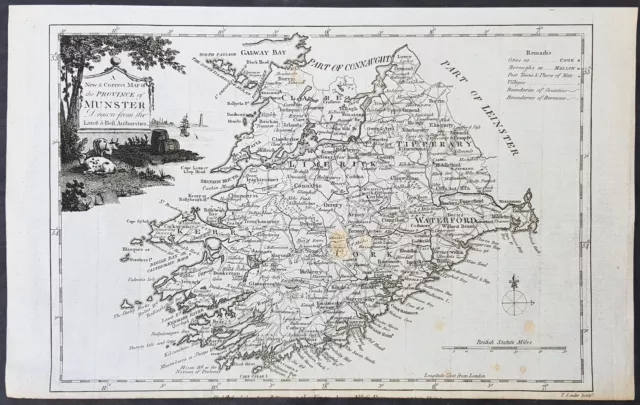 1782 T. Condor Original Antqiue Map Munster County, Ireland - Galway Bay to Cork