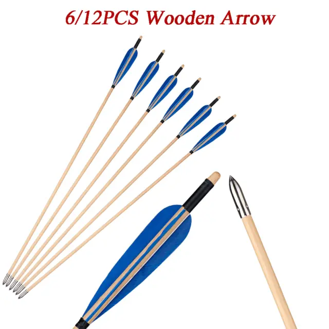 6/12X Wooden Arrows Turkey Feather Arrows Target Hunting for Longbow  Practice