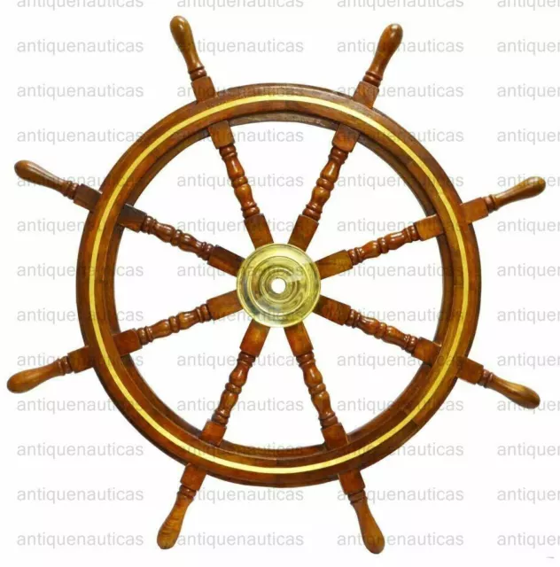 36" Brass Nautical Wooden Steering Maritime Boat Ships Wheel Captains Wall Décor