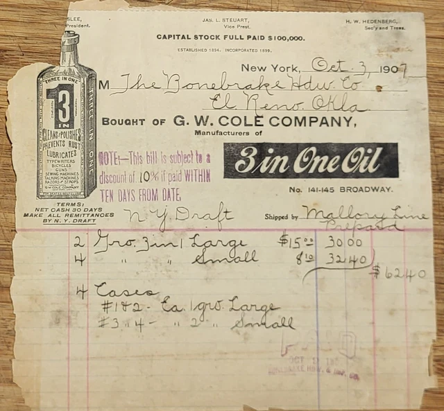 1907 Billhead New York City The Three in One Oil GW Cole Company