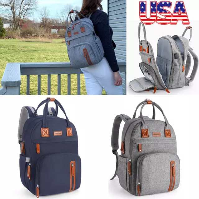Diaper Bag Multi-Functional Waterproof Travel Foldable Backpack W/ USB Port Grey